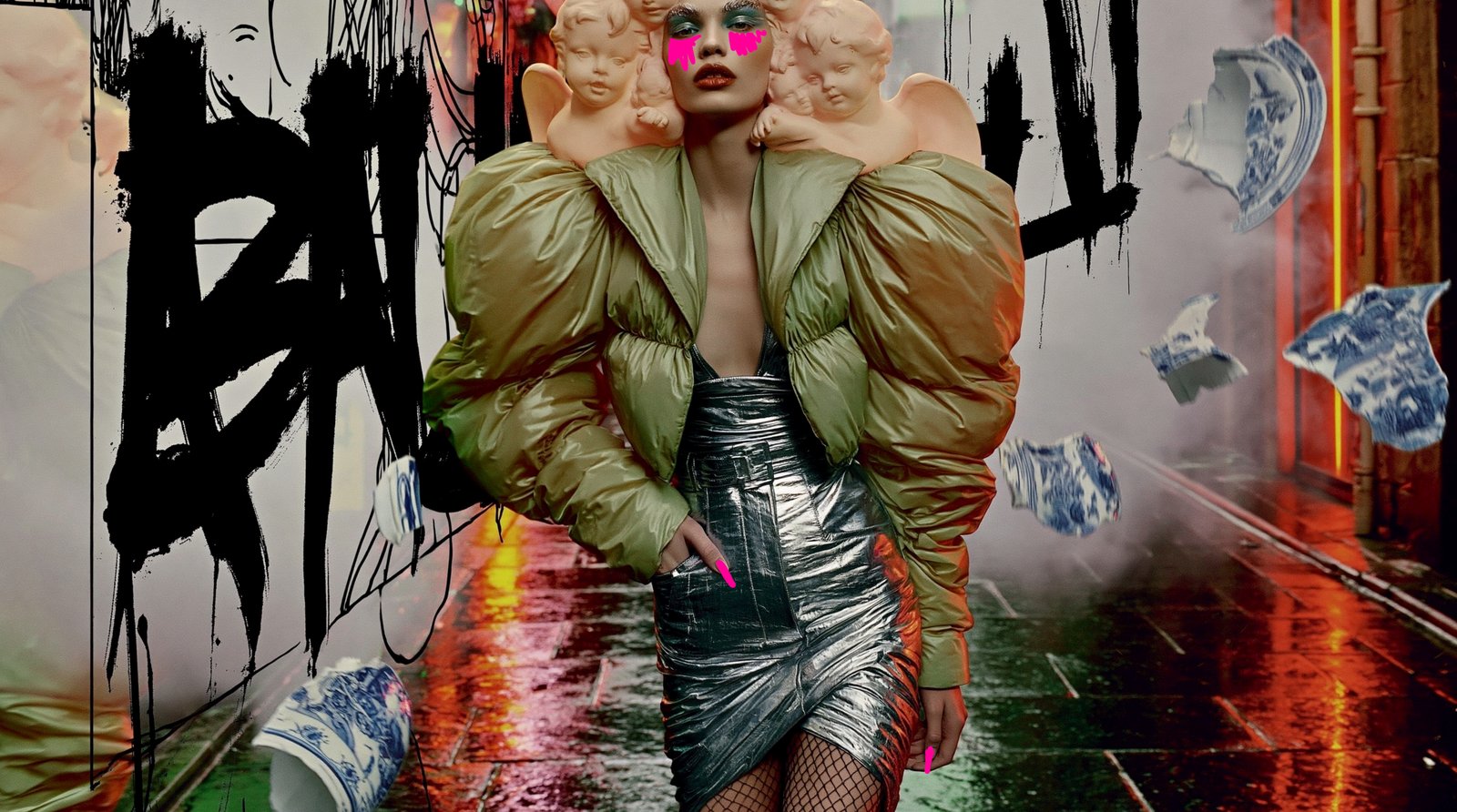 Green Glamour Manga — Porcelain Android by Miss AL Simpson, museum-quality giclée print on Hahnemühle Photo Rag
