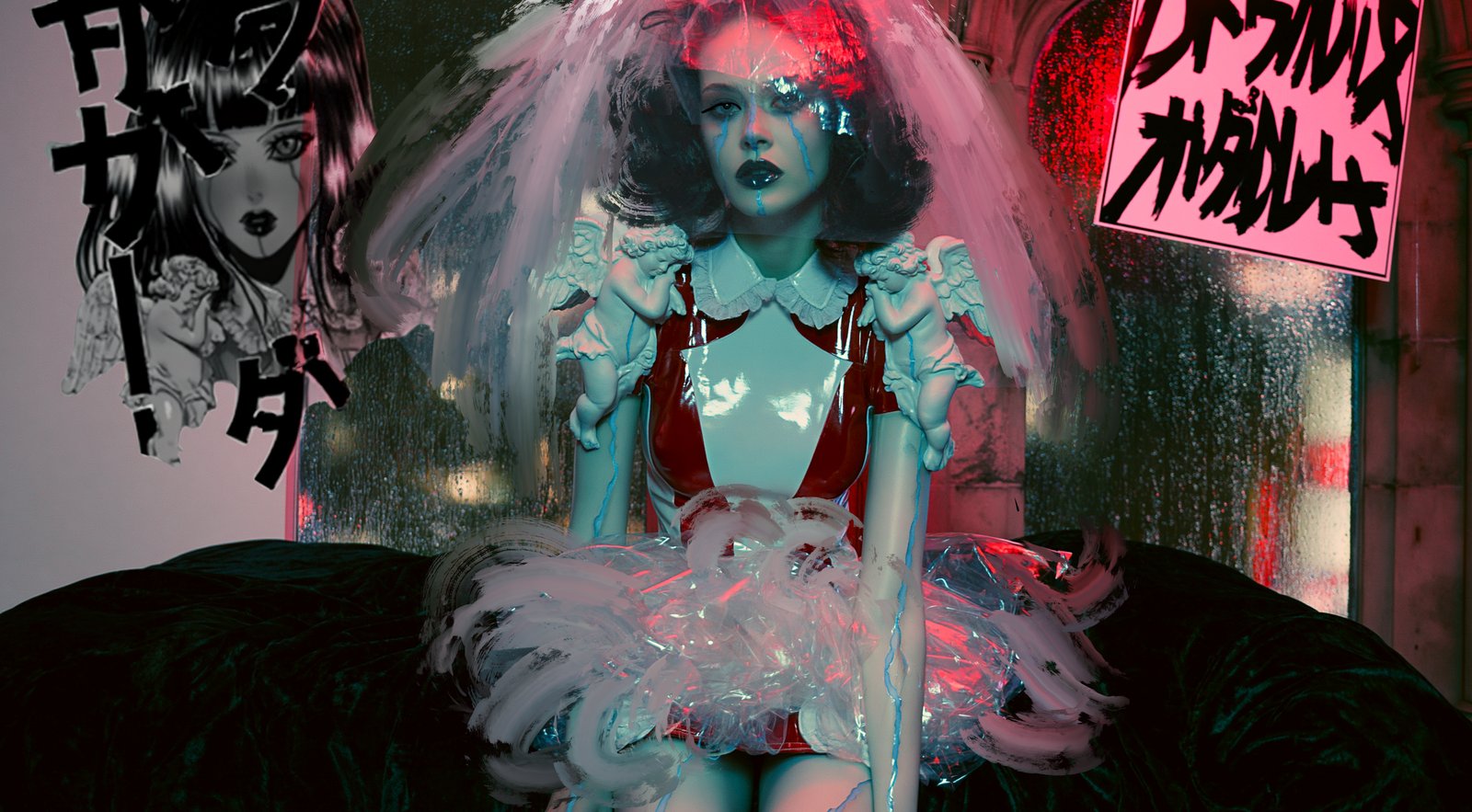 Manga Cherub Veils — Porcelain Android by Miss AL Simpson, museum-quality giclée print on Hahnemühle Photo Rag