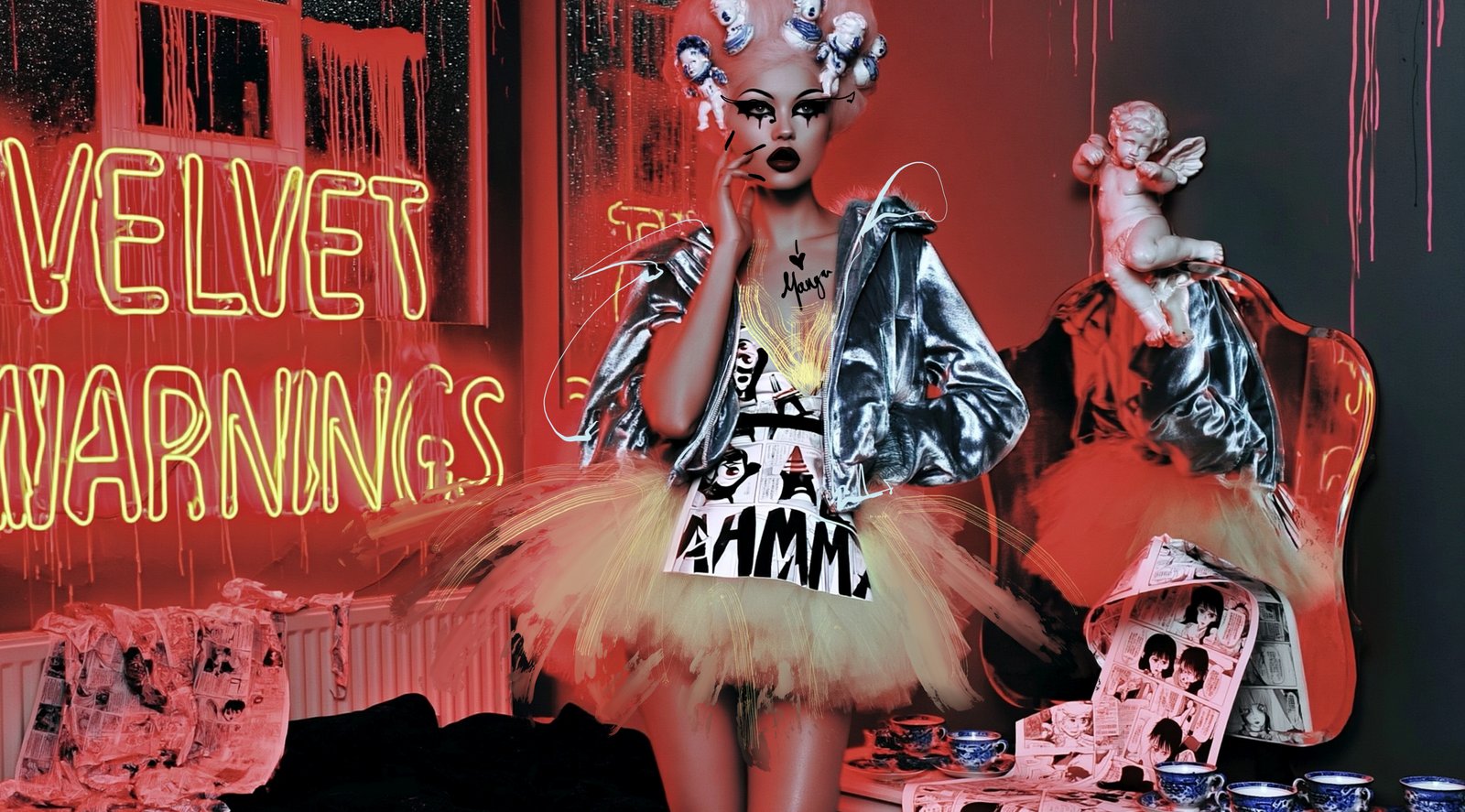 Miss Velvet Warnings — Porcelain Android by Miss AL Simpson, museum-quality giclée print on Hahnemühle Photo Rag