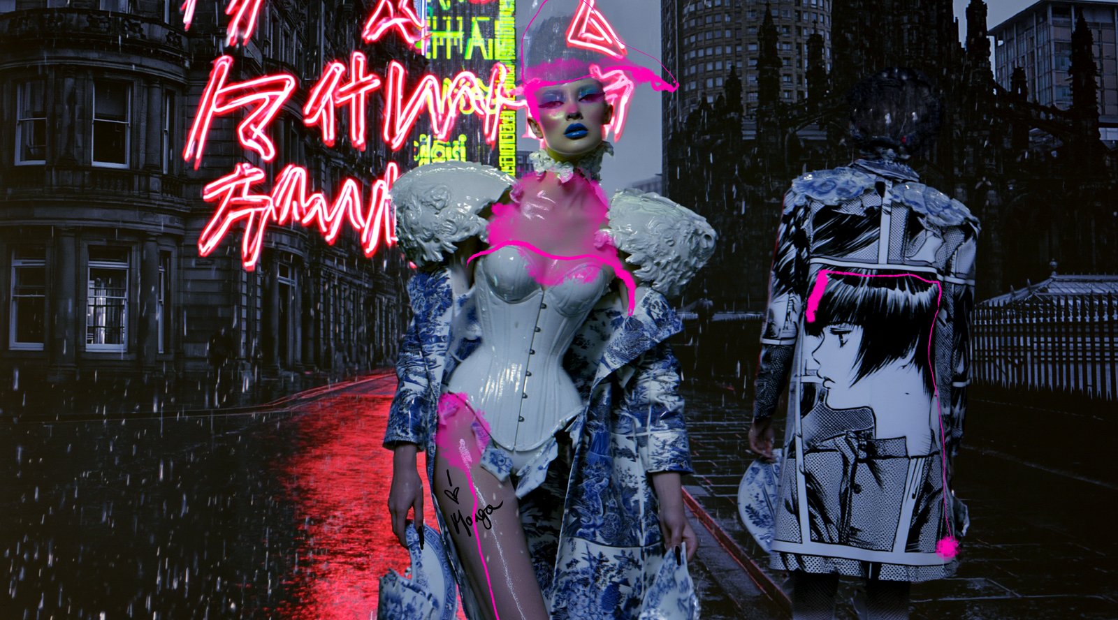 Neon Pink Rainy — Porcelain Android by Miss AL Simpson, museum-quality giclée print on Hahnemühle Photo Rag